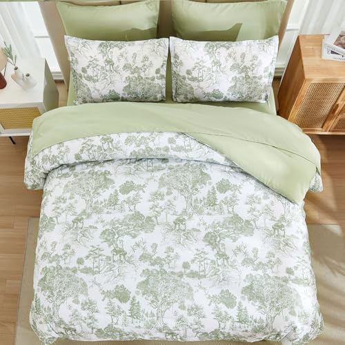 Image of DJY Comforter Set Queen Size, Sage Green 7 Pieces Bed in a Bag Queen Botanical Comforters with Sheets Elegant Plants Print Soft Microfiber Reversible Complete Bedding Sets for All Season