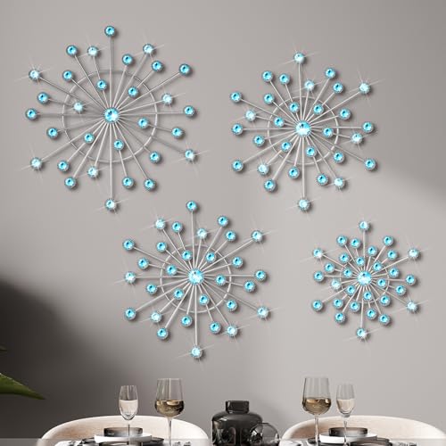 Blulu 4 Pcs Metal Wall Decor Bling Crystal Wall Art Cast Iron Rhinestones Sunburst Decor Starburst Art Hanging Diamond Accents Home Decorative for Living Room Bedroom Entryway (Blue)