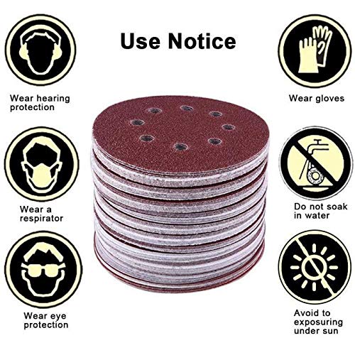 100PCS 5 Inch 8 Hole Sanding Disc - 60/80/120/180/240 Grit Assorted, Hook and Loop Sandpaper, Random Orbital Sander Pads