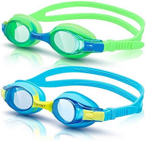 VETOKY Kids Swim Goggles, Pack of 2 Anti Fog Swimming Goggles UV Protection Clear No Leaking for Child and Youth Ages 3-12 Blue+Green