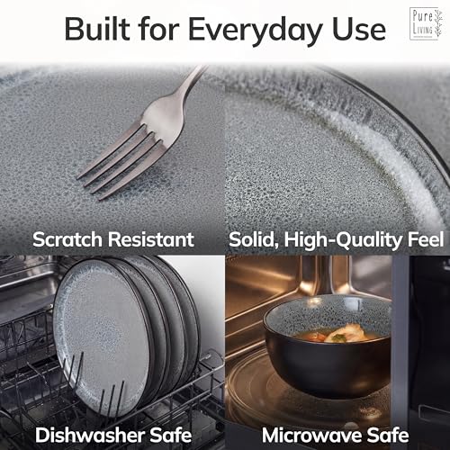 Image of 12 Piece Stoneware Dinnerware Set for 4 - Handmade Reactive Glaze Plates and Bowls Set - Chip & Scratch Resistant Dish Set - Dishwasher Microwave Safe - Dark Gray