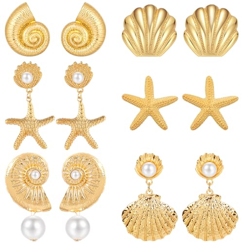 NEWITIN 6 Pairs Gold Earrings for Women Hypoallergenic Statement Earring 14K Gold Plated Dangle Earring Lightweight Chunky Geometric Stud Earrings Set for Women