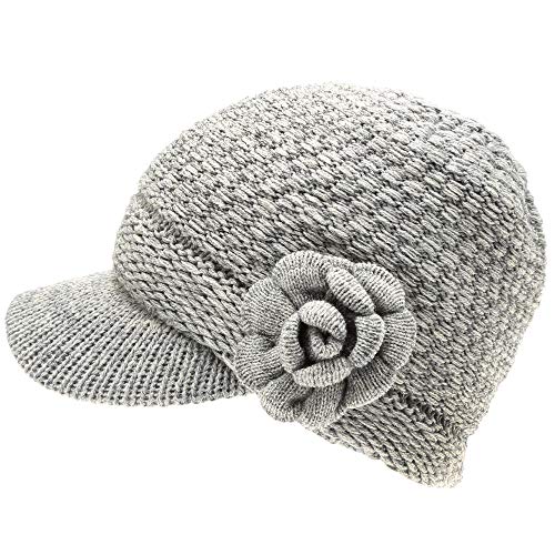 Mirmaru Women’s Knitted Newsboy Hat Double Layer Visor Beanie Cap With Soft Warm Fleece Lining(Waffle Flower-Grey) #TOP1