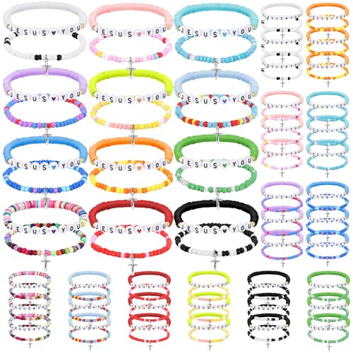 Ecally 72 Pcs Jesus Loves You Bracelets Bulk Friendship Bracelets Clay Bead Christian Wristbands for Women Men Party Colorful Religious Cross Inspirational Church Reminder Jewelry Gift