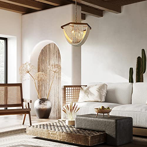 Beaded Chandelier, Gold Wood Chandelier Light Fixture With White Bead, Modern 4 Light Boho Hanging Lights For Dining Room, Living Room, Antique Gold #TOP1