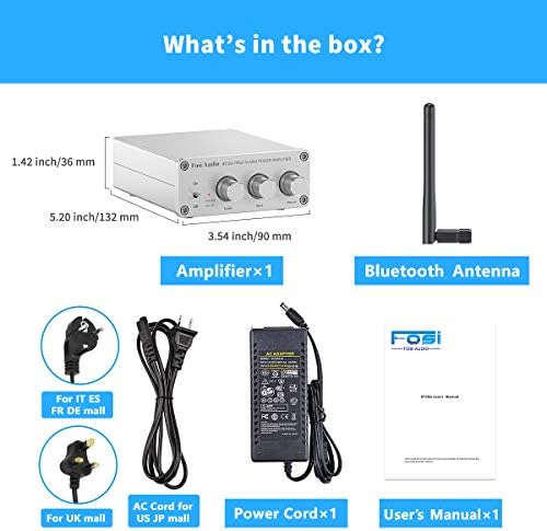 Fosi Audio BT20A Silver Bluetooth Amplifier, Mini Hi-Fi Stereo Amp Integrated Receiver for Home Audio Passive Speakers, BT 5.0 Class D 2.0 Channels, 100W x 2 TPA3116 Chip, Treble & Bass Control Knob