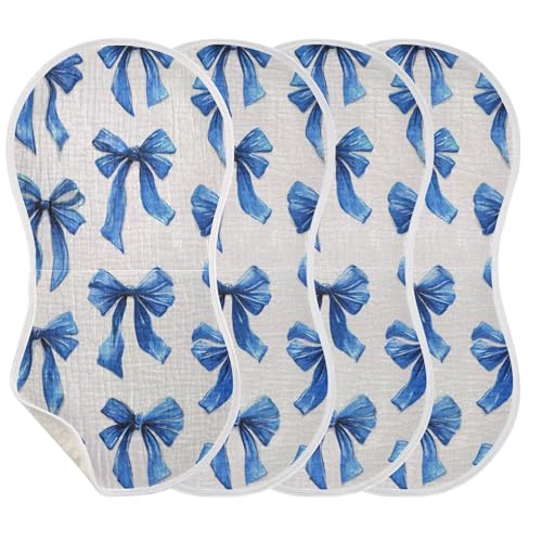 Retro Blue Ribbon Bow Burp Cloths Baby Boys Girls Absorbent Soft Cotton Burping Cloths Rags, 4 Pack