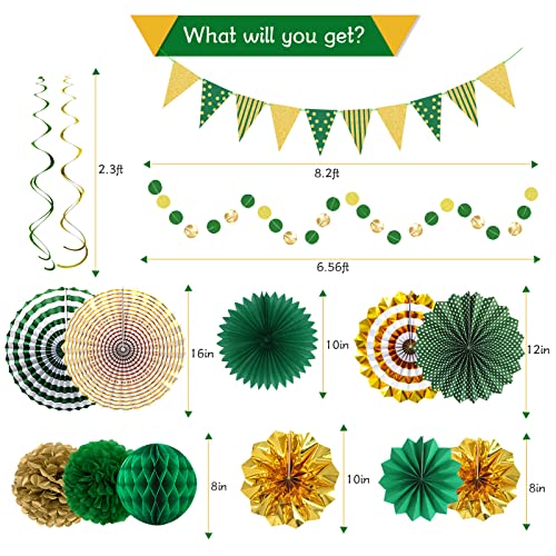 Image of Green Gold Party Decorations, Graduation Season Hanging Glitter Triangle Flags Banner Paper Fan Tissue Pom Poms Garlands, St. Patrick's Day, Bridal Shower, Green Master Golf Themed Birthday