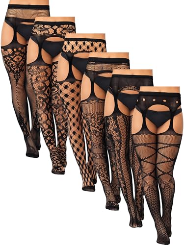 Jadive 6 Pairs Women Plus Size Fishnet Thigh High Stockings Suspender Garter Belt Lingerie Pantyhose Tights(Black,Xl-xxxxl,Patterned)