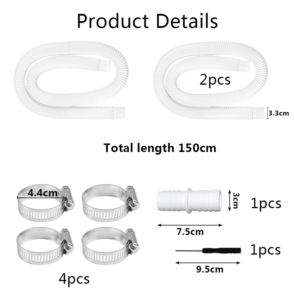 2 szt. Wąż basenowy 32 mm, z 4 metalowymi łącznikami, wymienny wąż do basenów, wąż do basenu