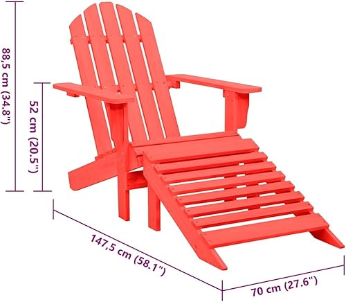 Miniatura 2 de Red Adirondack Outdoor Chair 58.1x27.6x34.8 in Solid Fir Wood Lounge with Detachable Ottoman, Garden Patio Porch Balcony Seating, Folding-Like Flat