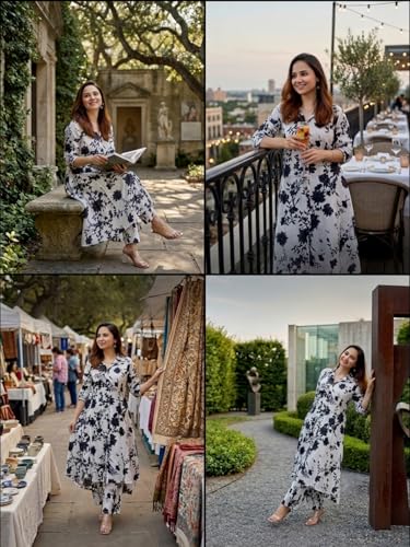 Image of Leriya Fashion Women's Cotton Printed A-Line Kurti Pant Set | Abstract Leaf & Floral Kurta with Trouser Pant | Casual Ethnic Co-ord Set for Women Stylish | Elegant Anarkali Style Tunic Kurta Set