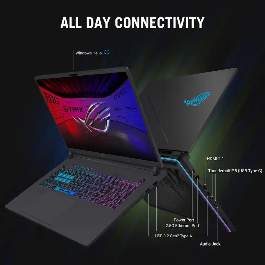 Image of ASUS ROG Strix G18 Gaming Laptop, 18 inch 2.5K 240Hz Nebula Display, Intel Ultra 9 275HX, GeForce RTX 5080 16GB GDDR7, 64GB DDR5, 4TB SSD, Thunderbolt 5, Wi-Fi 7, Copilot AI Gaming PC, Windows 11 Pro