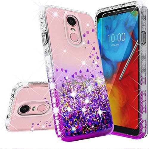 Galaxy Wireless Compatible for LG Stylo 4 / Stylo 4 Plus Case [Tempered Glass Screen Protector] Liquid Glitter Cover for Girls Women Cute Phone Cases- Violet/Clear