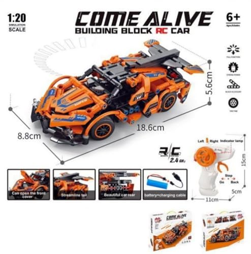 Image of RC Remote Control Engineering Model Car Creative Assembly Toy Kit 2.4GHz Rechargeable Sports Car Toy with Openable Doors & High Speed Racing DIY Model Kit for Kids (Block Rc Car Orange)