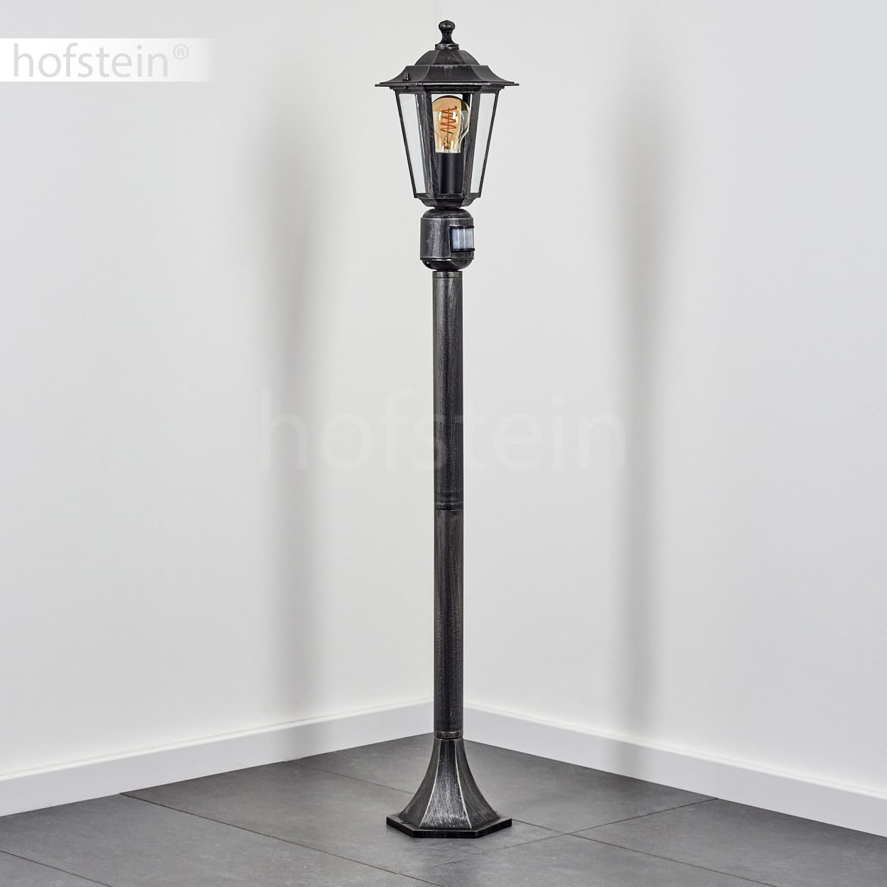 Lampa zewnętrzna Loria, lampa drogowa z czujnikiem ruchu z metalu/szkła w kolorze czarno-srebrnym/przezroczystym, lampa zewnętrzna o wyglądzie antycznym, 107 cm, lampa ogrodowa, oświetlenie ogrodowe