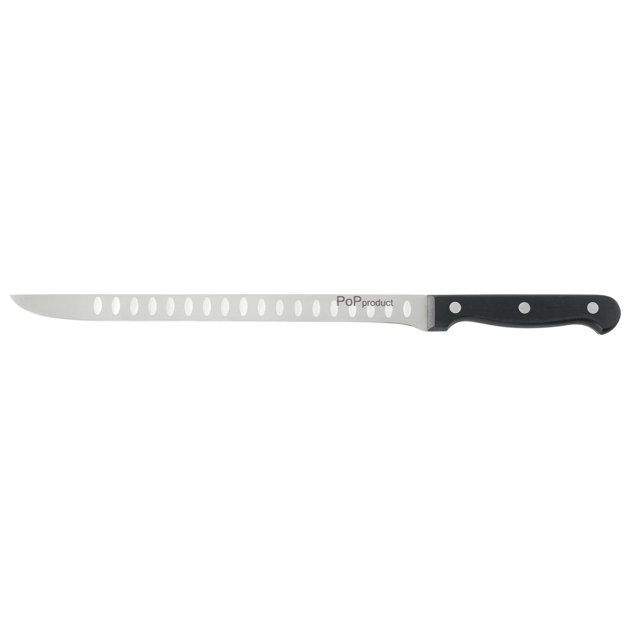 Cuchillo Jamonero Forja de Acero Alemán, alveolado en las dos caras. Hoja de 255 mm de acero inoxidable. Mango ergonómico de Polioximetileno-POM de 120 mm.