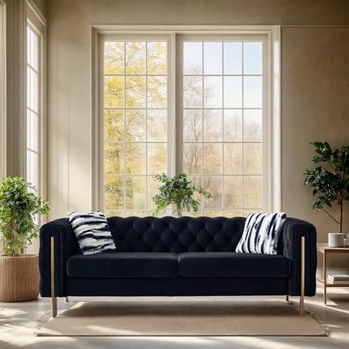 Image of KEIKI 84 inch Chesterfield Velvet Tufted Button Sofa with Removable Cushions and 2 Toss Pillows, Modern 3-Seater Couch with 4 Gold Metal Legs, Easy Assembly, for Living Room, Bedroom, Apartment, Black