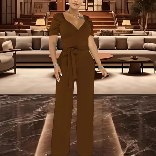 Image of PaladMom Womens Elegant Plus Size Jumpsuits Sexy Back zipper Short Sleeve Mid Waist Wide Leg Straight Rompers