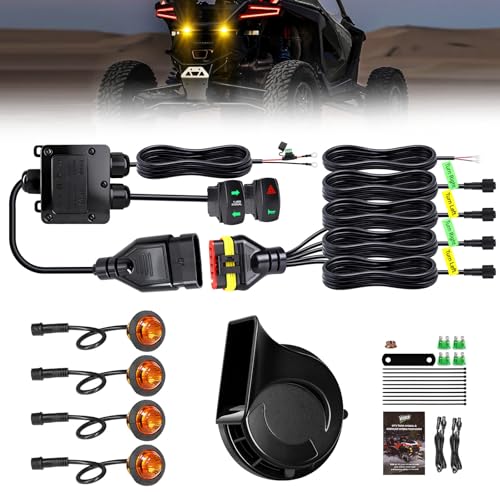 Image of UTV Turn Signal Kit, Pre-Wired, Plug and Play Universal Street Legal UTV Blinker Kits with Rocker Switch, Hazard Light, 110dB Horn, Compatible with Polaris, Can-Am - 4Pods Amber Lights