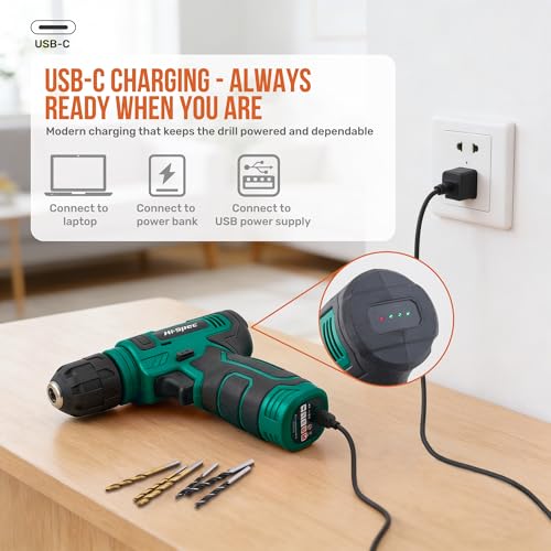 Image of Hi-Spec 8V USB Power Drill Driver Screw Drill Bit Set. Cordless & Rechargeable Electric Drill Driver with Wall Hanging Kit,Green