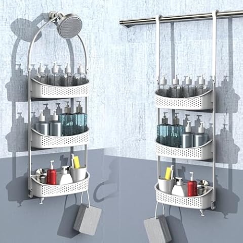 EMT ETRENDS Heavy duty shower caddy hanging, 3 tiers supper large plastic shower baskets over the shower head, over the door shower organizer for bathroom without tools, White Cover