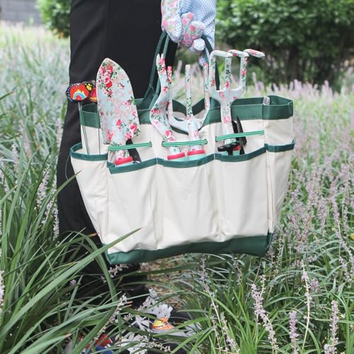 Garden Tools Set, 16 Pieces Gardening Gifts for Women & Men, Heavy Duty Floral Gardening Tools Set with Storage Bag, Ergonomic Garden Gifts Kit for Mum, Girlfriend (Green Flowers)