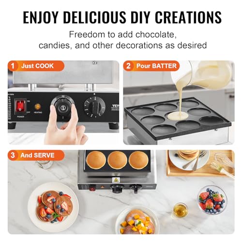 Image of VEVOR Dutch Pancake Maker, 9PCS 76mm Diameter Dorayaki Baker Machine, 850W Commercial Electric Poffertjes Grill, Non-stick Stainless Steel, Temp & Time Control, for Home Kitchen Restaurant Snack Bar