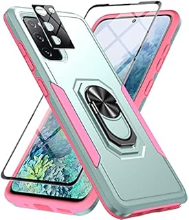 BinBoom for Samsung Galaxy S20 FE Case with 9H Tempered Glass Screen Protector and Lens Protector, Shockproof Military Grade Case Built-in Ring Stand, Support Magnetic Car Mount for S20FE (Green Pink)