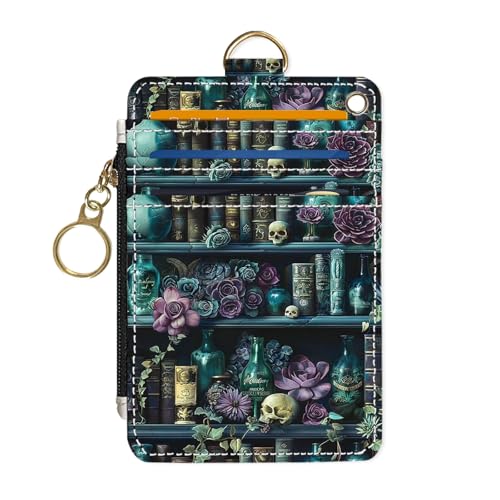 Image of Slim Wallet Credit Card Holder,Skeleton Bookshelf, RFID Wallet Women Cute Small Front Pocket Wallet With Zipper, PU Leather Thin travel RFID Blocking Card Case ID Window,Ladies Gifts