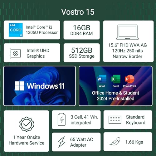 Image of Dell 15, Intel Core i3 13th Gen -1305U, 16GB DDR4, 512GB SSD, FHD, 15.6 inch /39.6cm, Windows 11, Microsoft Office Home 2024, Carbon Grey, 1.66Kg, [Vostro 3530], Intel UHD Graphics, Thin & Light Laptop