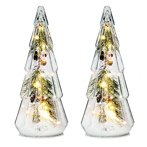 Costyleen 2Pcs Christmas Ornaments Set, 15In Tower Shaped Glass Xmas Tree Artificial Snow Decoration With Led Lights, Home Table Decor Festive Gift #TOP7