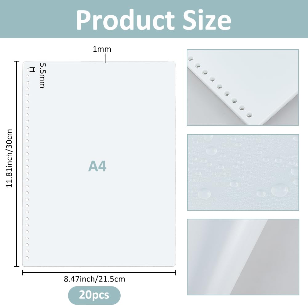 SUPERFINDINGS 20 Pack Clear Cover Sheets 39.37 Mil Pre-Punched Binding Covers 30x21.5cm/11.81x8.46inch A4 Plastic Page Protector with 30Hole Report Covers - Image 2