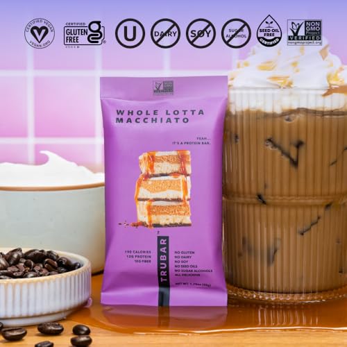 Image of TRUBAR Vegan Protein Bar, Whole Lotta Macchiato, Gluten Free, Plant Based Protein, Dairy Free, Non GMO, Soy Free, No Sugar Alcohols, 12G Protein, 12G Fiber, 23G Carb, On the Go Snack Bars, 12 CT
