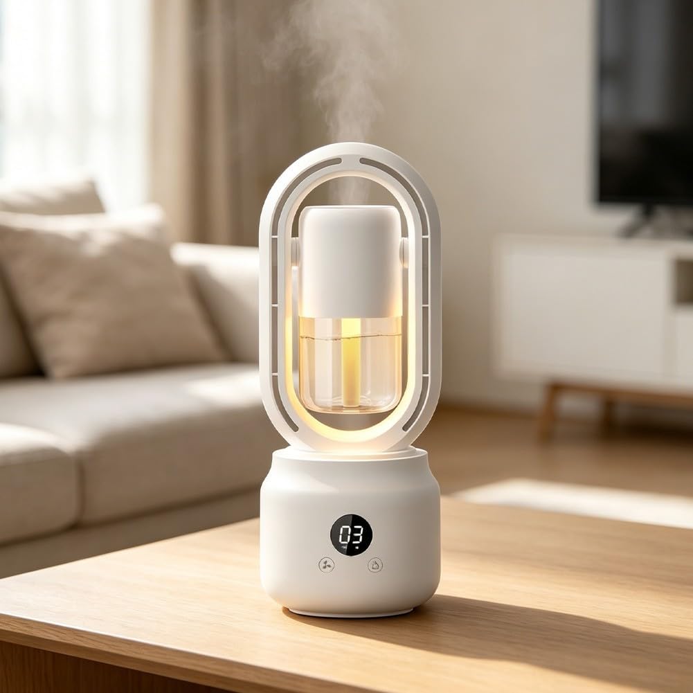 Przenośny bezłopatkowy wentylator nawilżacz powietrza zasilany przez USB, wentylator biurkowy z lampką nocną, 3 prędkości, osobista chłodnica powietrza do sypialni, biura, podróży, kompaktowy, biały