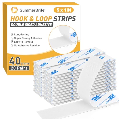 Image of Hook and Loop Strips with Adhesive 1x5IN 20Pairs /40Strips, White Strong Sticky Back Fastener, Heavy Duty Double-Sided Adhesive Hanging Strips for Home Office School