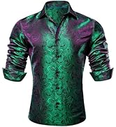 Barry.Wang Men Dress Shirts Paisley 70s Disco Shirt Button Down Silk Long Sleeve Tops for Wedding...