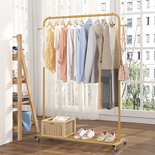 image for Sywhitta Clothes Rack on wheels, Clothing Rack with Bottom Mesh Storag