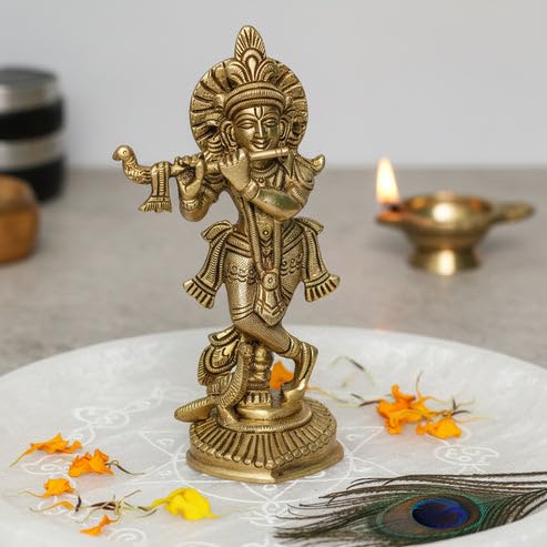Image of Brass Krishna Ji Idol, Vastu Remedy for Love & Harmony (16 cm, 635 g)