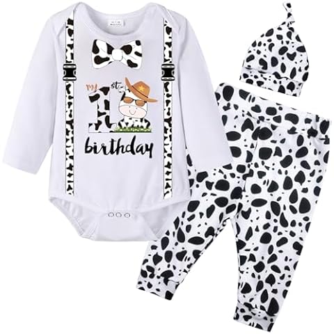 Wosixima Baby Boy Girl 1st Birthday Outfit, Newborn Infant One Year Old Shirt Tops Bodysuit Pants Clothes Set, Cow Animal First Birthday Party, Long Sleeve, 12-18 Months Cover