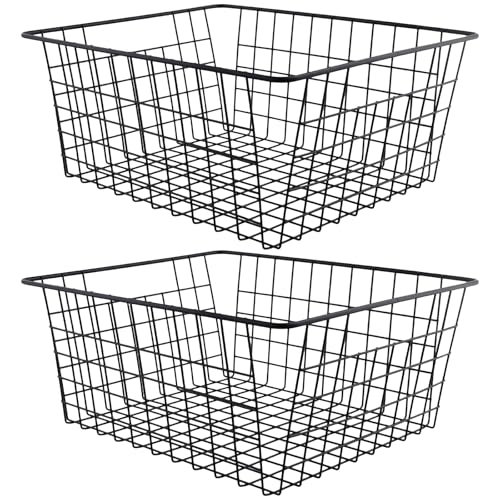 MUNGHOK 2 cestas de alambre de metal, color negro, 36 x 29 x 16 cm, cesta de hierro negro, cesta de almacenamiento de metal, cestas de almacenamiento de alambre para oficina, cocina, baño, armarios