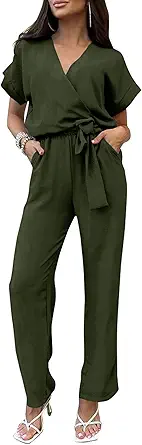 PRETTYGARDEN Women's Summer One Piece Jumpsuits Belted Short Sleeve Wrap V Neck Fashion Dressy Casual Wide Leg Pants Romper