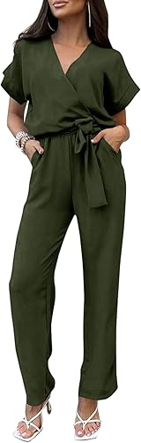 PRETTYGARDEN Women's Summer One Piece Jumpsuits Belted Short Sleeve Wrap V Neck Fashion Dressy Casual Wide Leg Pants Romper