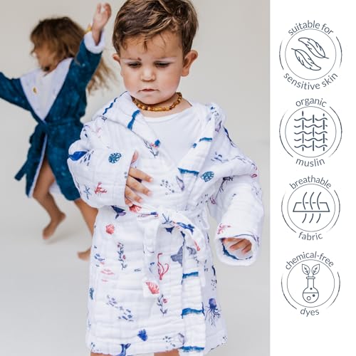 Image of Malabar Baby Organic Cotton Muslin Wearable Hooded Towel, Bath, Pool & Beach Cover-up for Size 3-4 Years - Under The Sea