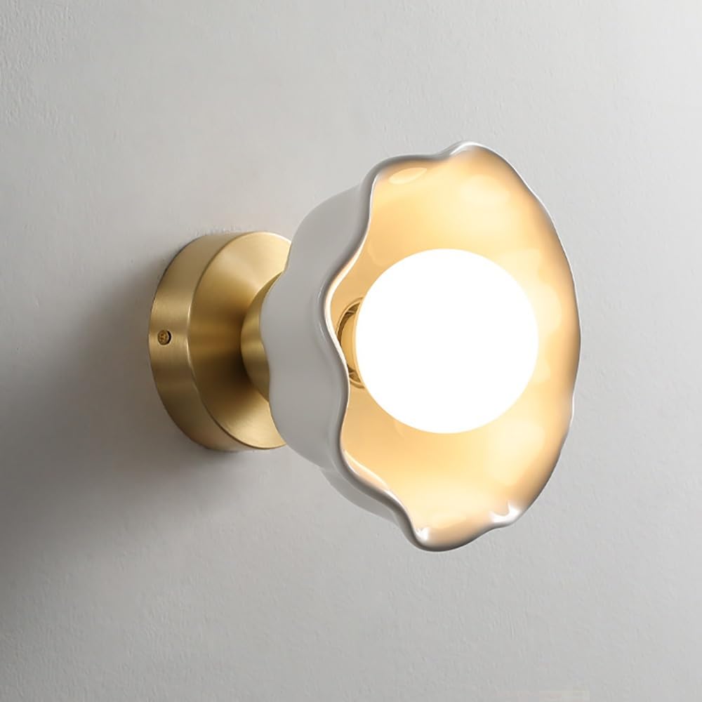 COSRUB Vintage Flower Wall Sconce Light, Wave Ceramic Wall Lamps with Brass Base Mid Century Mini Gold White Wall Lighting for Bedside Living Room Hallway