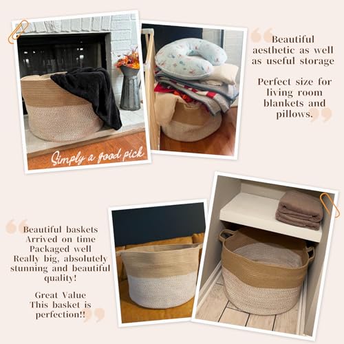 Image of INDRESSME Extra Large Woven Baskets for Storage, 21.7'' x 13.8'' Wicker Basket with Handle for Blankets, Big Laundry Baskets for Clothes, Pillows, Towel, Shoe Basket for Entryway, 90L White Jute