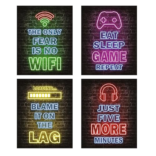 YEVON Gaming Posters Wall Art Set of 4 Neon Gaming Room Decor for Boys Bedroom 8×10 inch Unframed Canvas Posters for Teen Bedroom Accessories Wall Decoration for Boys Playroom