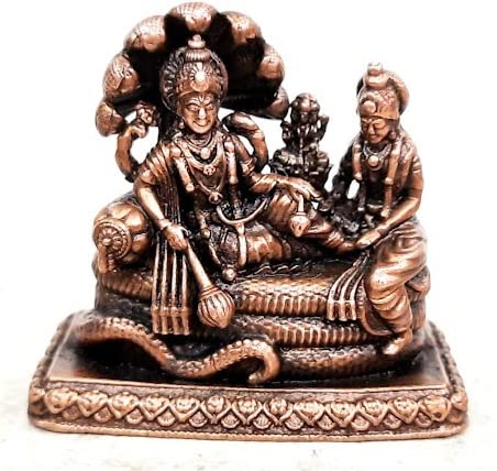 Image of Copper Idols India, 2.1 inches, Handmade God Vishnu Along with Mahalakshmi Lying in Adisesha,250 Grams, Patina Antique Finish, Pack of 1 Piece