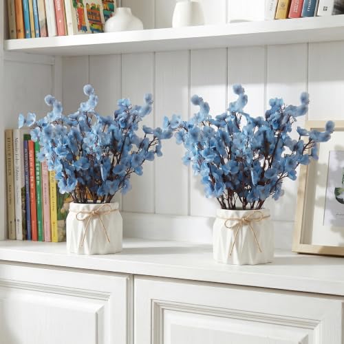 Image of Dekorly Artificial Lavender Plant in White Pot, 18cm - Realistic Faux Flower Arrangement for Home & Office Decor (Set of 1) (2, Blue Baby's Breath Flower)