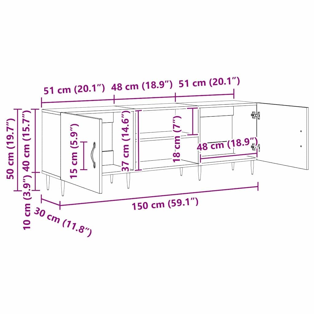 Mobile TV in legno ingegnerizzato con finitura in legno vecchio 150 x 30 x 50 cm con ante a cerniera e maniglie dorate, ideale come credenza moderna per soggiorno, camera o zona gaming